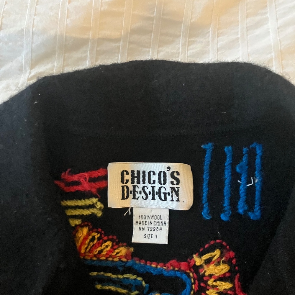 Chico’s 100% wool black jacket with colorful print embroidery